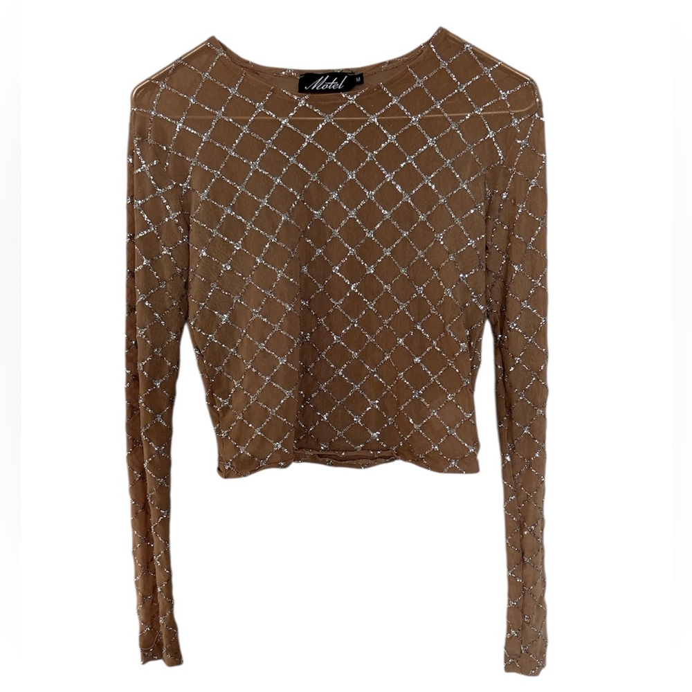 Motel stretchy nude long sleeve crop top silver glitter detail medium